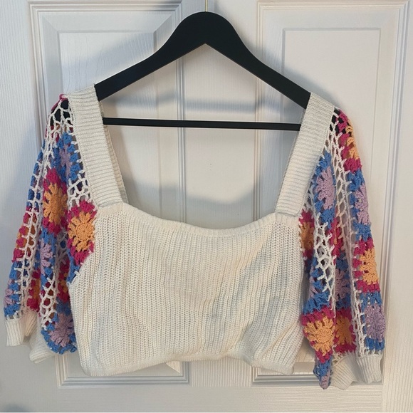 White Knit cropped Top with Multicolor Crochet Sleeves - Picture 1 of 9
